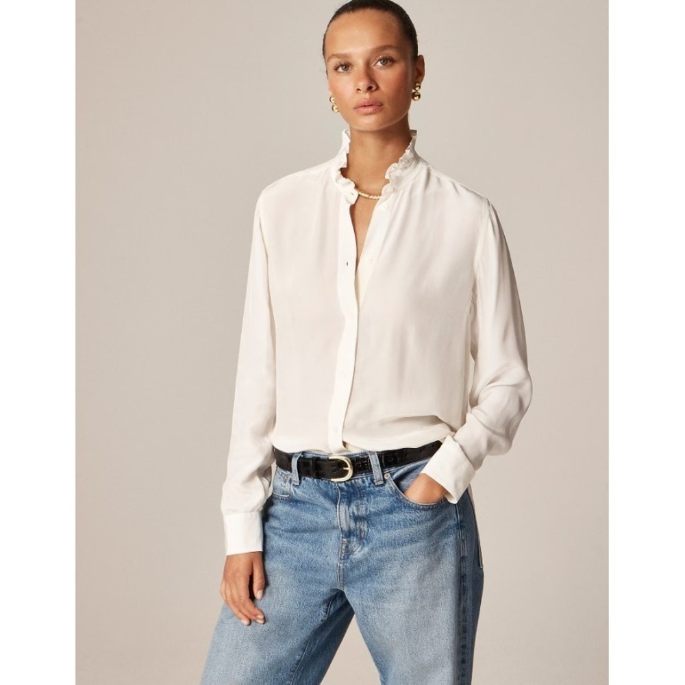 J.Crew Jules Shirt Women's 20‎ Ivory Ruffle-Collar Sheer Crepe De Chine NWT $158